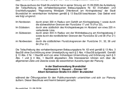 Bekanntmachung Aufstellungsbeschluss Teilaufhebung B-Plan Nr. 63